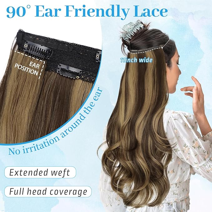 KooKaStyle Invisible Wire Hair Extensions Long Straight Layered Synthetic with Transparent Wire Adjustable Size 6 Secure Clips Hairpieces for Women 20 Inch (Balayage Chocolate Brown to Caramel Blonde)