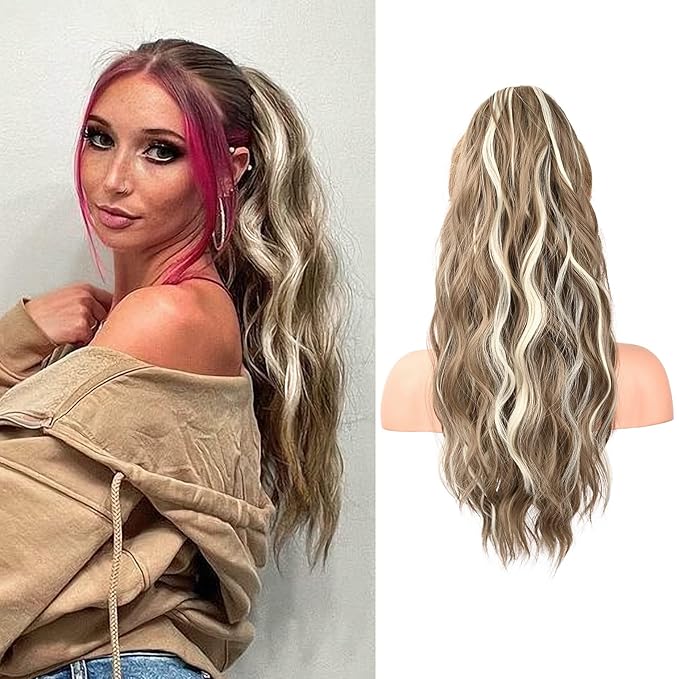 FLUFYMOOZ Ponytail Extension, 22 Inch Drawstring Ponytail Hair Extensions for Women， Long Curly Wavy Ponytail Natural Wavy Synthetic Hairpiece for Women (22" Ash Brown with Blonde Highlights)