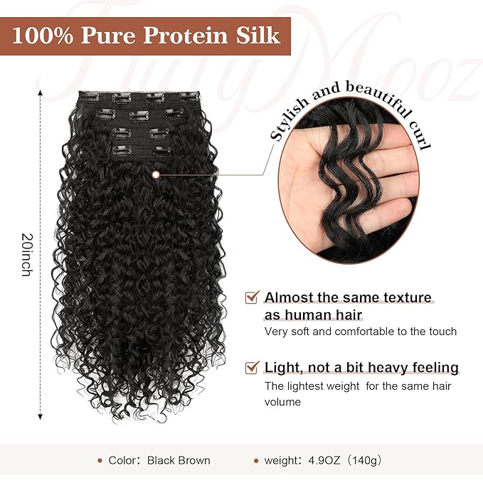 Clip in Hair Extensions, FLUFYMOOZ 4PC 100％ Pure Protein Silk Hair Extensions Long Soft Natural Hairpiece 20 Inch Curly Hair Extension for Women (Black Brown)