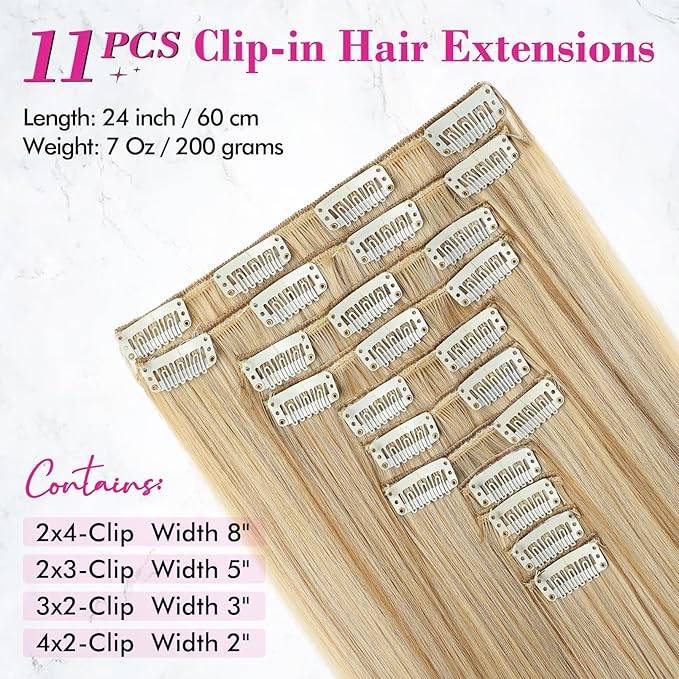 REECHO Hair Extensions, 11PCS Clip in Hair Extensions 24" Long Straight hair extensions HE005 Natural Soft Synthetic Hairpieces for Women – Dark Blonde with Highlights
