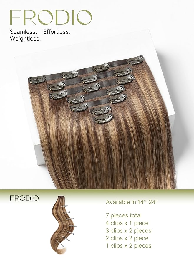 Frodio Clip Ins Hair Extensions Black: Remy Real Human Hair Pu Seamless Silk Long Straight Invisible Full Thick Virgin Brazilian Blonde Highlight Color Beauty For Women Can Be Body Wave 100g 7 Piece