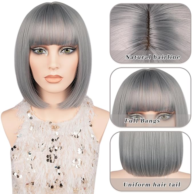 MAYSA Grey Bob Wig with Bangs Short straight Wig 12in Synthetic Cosplay Halloween Costume Wig for Women # Grey