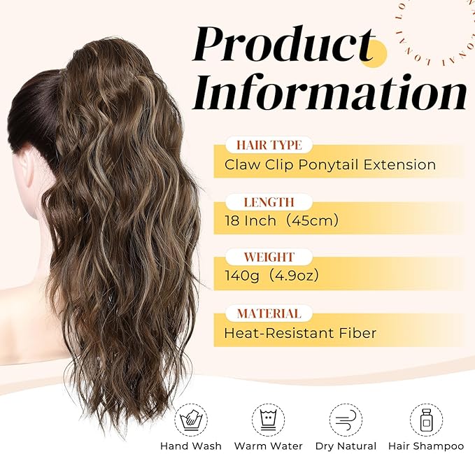 LONAI Ponytail Extension, 18" Wavy Claw Clip Ponytail Extensions ZJ001 Curly Wavy Claw Clip in Ponytail Hair Extensions Synthetic Fake Pony tails Hairpieces-Deep Brown with Dirty Blonde