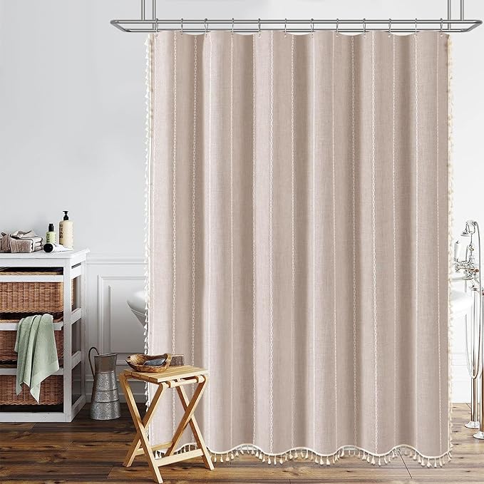 BTTN Extra Long Shower Curtain - 72x84 Long Boho Chic Striped Tassel Linen Fabric Shower Curtain Set with Hooks, Tall Modern Farmhouse Aesthetic Weighted Cloth Shower Curtains for Bathroom - Tan/Taupe