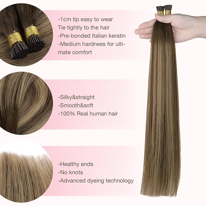 GOO GOO I Tip Hair Extensions Real Human Hair, 14inch 100g 200S, Cold Fusion I Tip Hair Extensions, Invisible Remy Hair Extensions, 4/27/4 Balayage Chocolate Brown to Caramel Blonde