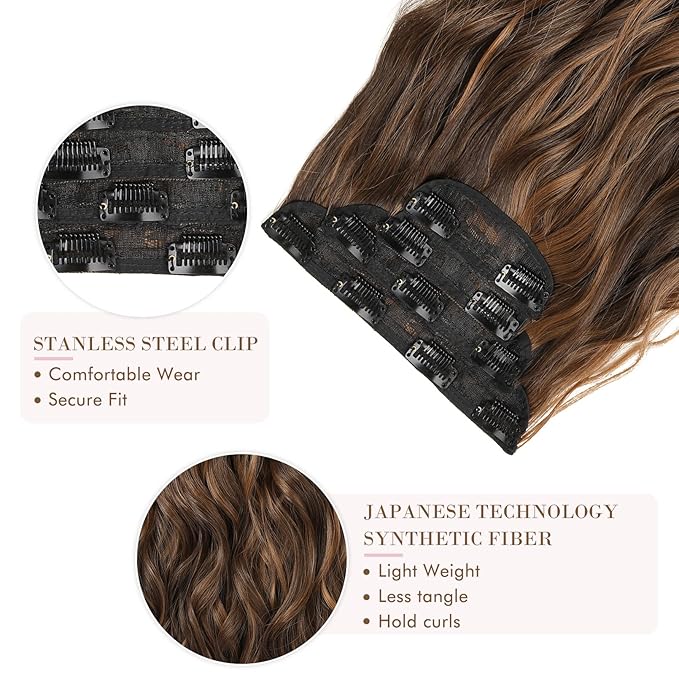 REECHO Hair Extensions, 4PCS Clip in Hair Extensions HE001 Natural Soft Synthetic Hairpieces for Women, Chocolate Brown with Golden Highlights