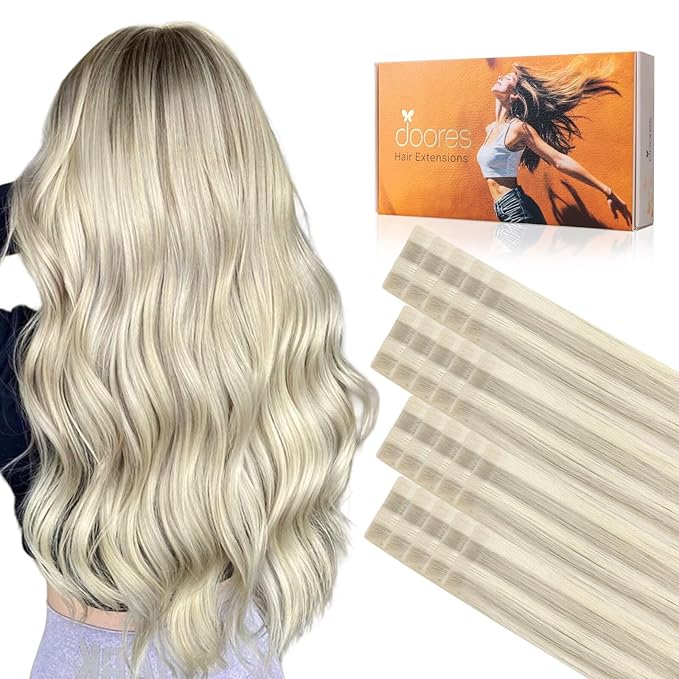 DOORES Invisi Edge Hair Extensions Real Human Hair Tape in, Ash Blonde Highlighted Platinum Blonde 10 Injection Tape-ins with 10 Injection Tape-ins 50g 20 Inch, Injected Tape in