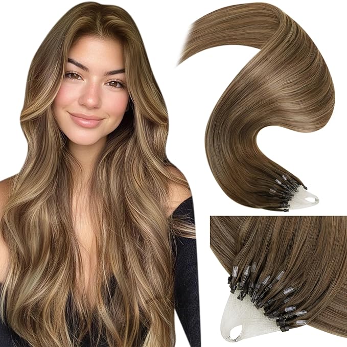 LaaVoo Micro Link Hair Extensions Human Hair Brown Micro Ring Extensions Human Hair Balayage Light Brown to Golden Brown Mix Brown Microbead Hair Extension 20 Inch 50g 1g/s