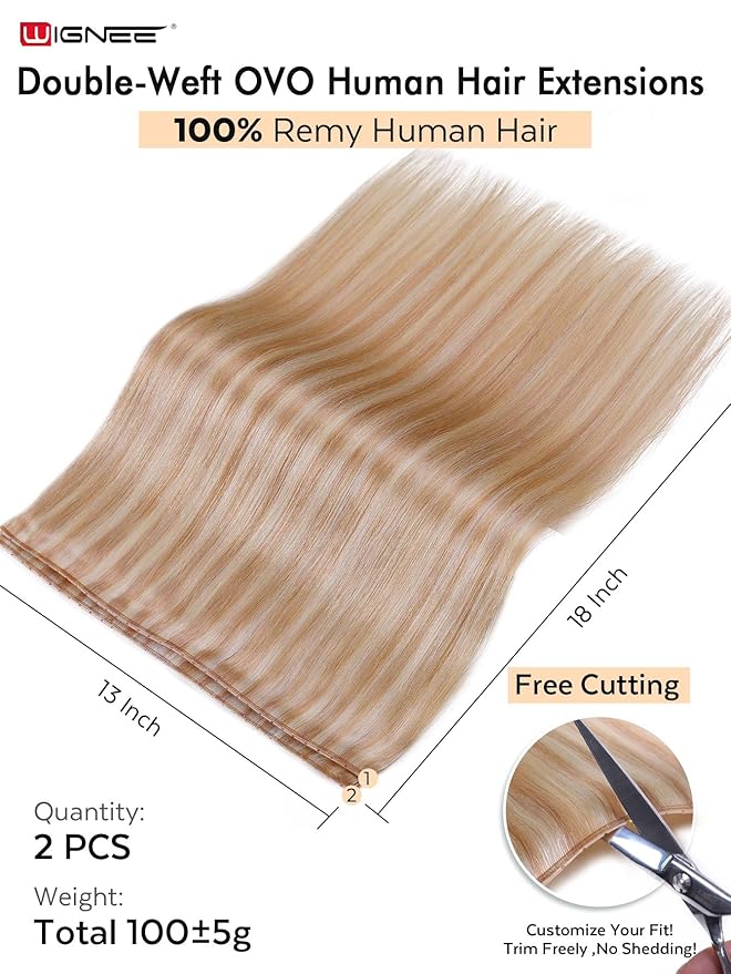 WIGNEE 100% Remy Double Wefts Invisible PU OVO Human Hair Extensions 18 Inch Micro Beads Real Human Hair Extensions Highlight Blonde Weft Hair Extensions Human Hair Glueless for white women(18/613)