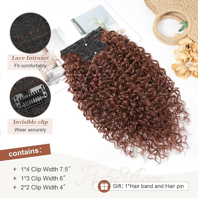 Clip in Hair Extensions, FLUFYMOOZ 4PC 100％ Pure Protein Silk Hair Extensions Long Soft Natural Hairpiece 20 Inch Curly Hair Extension for Women (Copper Red)