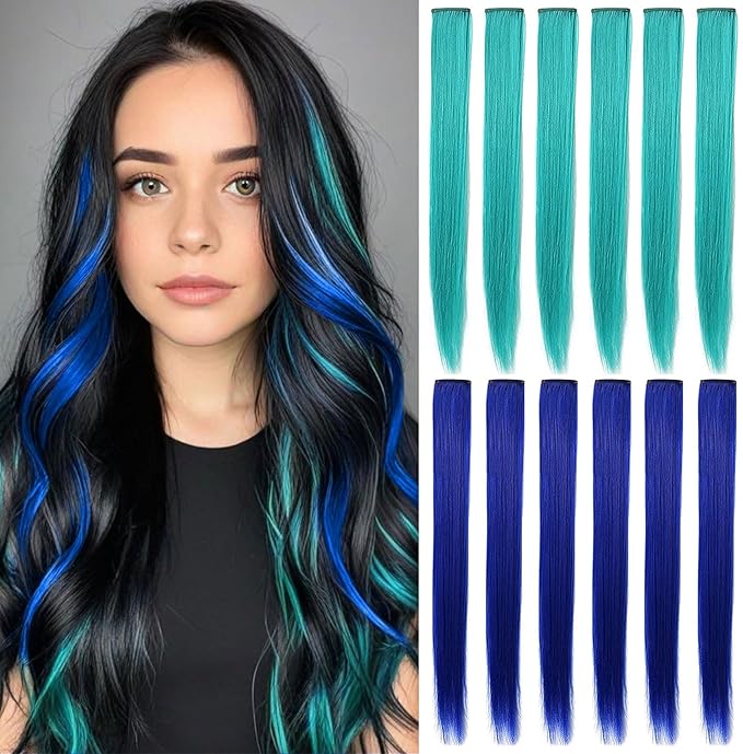 Rhyme 12 PCS Princess Party Highlight Blue Teal Hairpieces 21 inch Colored Hair Extension Clip in/on for Amercian Girls Wig Pieces for Kids (Blue Teal)