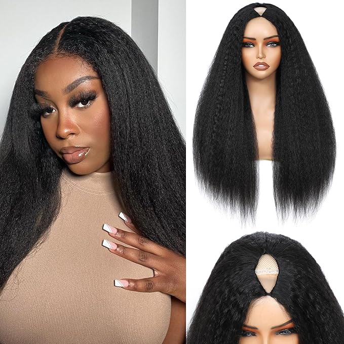 V Part Wig Human Hair Kinky Straight Human Hair Wigs Upgrade U Part Human Hair Wig for Women No Leave Out No Sew In 200% Density Natural Color 20 Inch