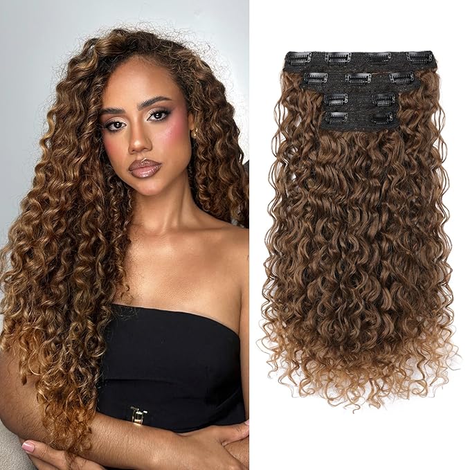 Clip in Hair Extensions, FLUFYMOOZ 4PC 100％ Pure Protein Silk Hair Extensions Long Soft Natural Hairpiece 20 Inch Curly Hair Extension for Women (Almond Brown with Cooper Red)
