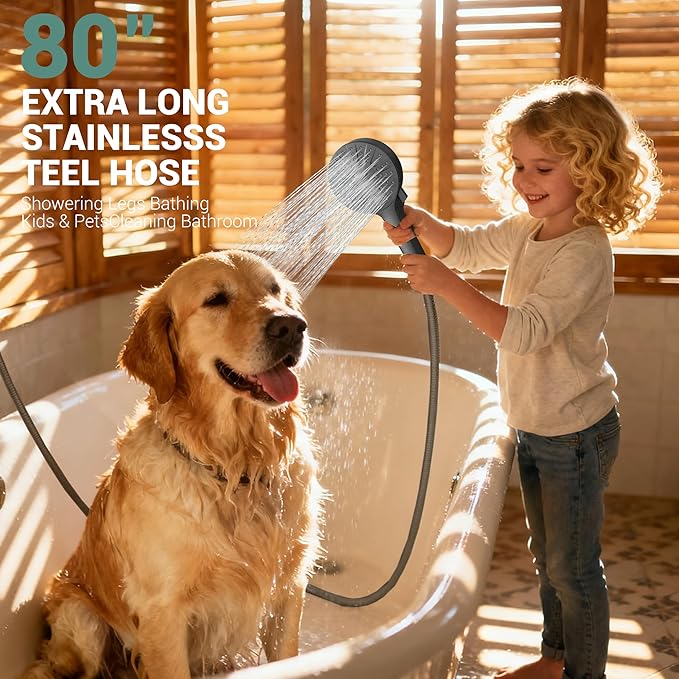 6-Mode Shower Head with Handheld, High Pressure Handheld Shower Heads, Detachable Showerhead 71" Extra Long Stainless Steel Hose Adjustable Brass Joint Holder for Bathroom Upgrade Matte Black