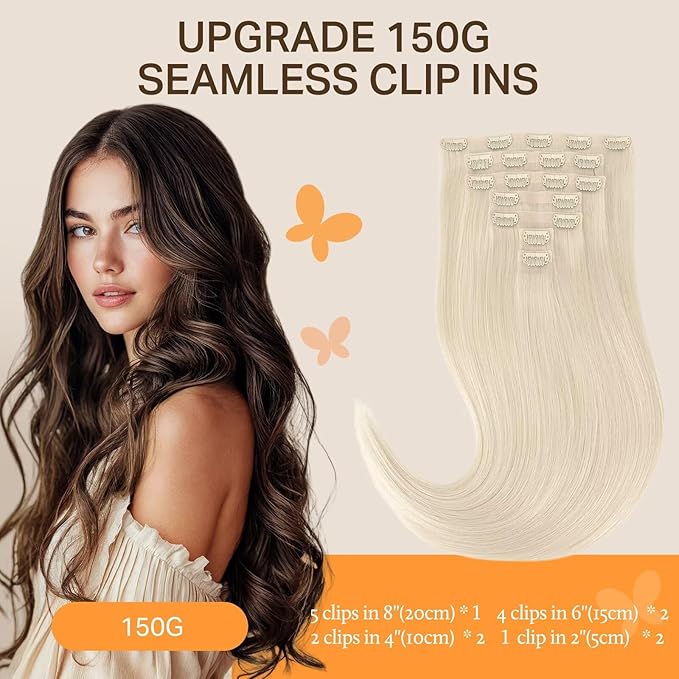 DOORES Seamless Clip in Human Hair Extensions, Platinum Blonde 24 Inch 7pcs 160g, Clip in Hair Extensions Straight Thin Weft Natural