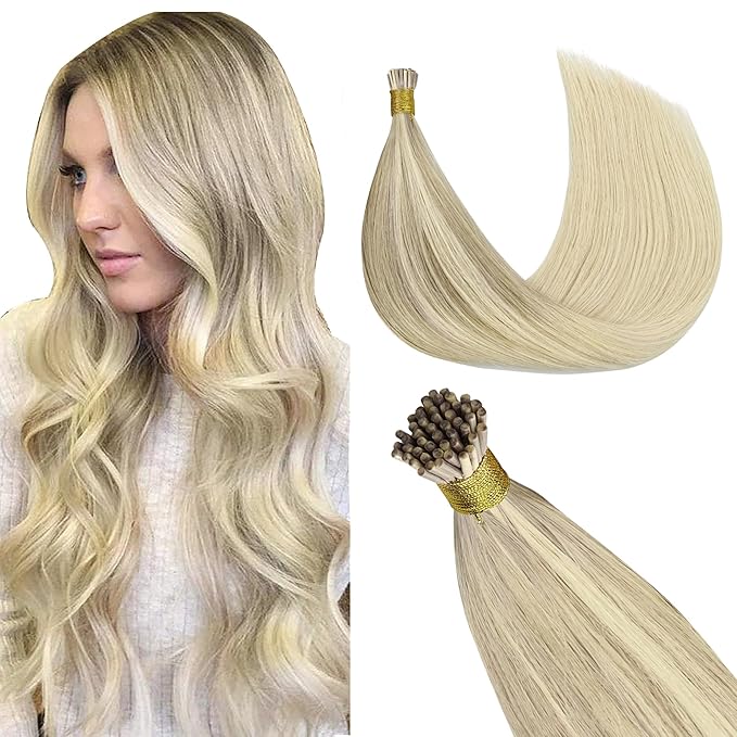 GOO GOO I Tip Hair Extensions, Real Human Hair, 16inch 50g 100S, Cold Fusion I Tip, Invisible Remy, 17/22/60 Balayage Ash Blonde to Golden Blonde and Platinum Blonde