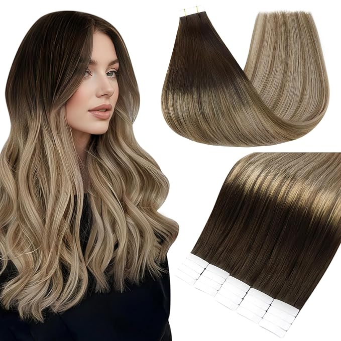 Full Shine Tape in Hair Extension Human Hair 12 Inch Adhesive Hair Extensions Tape Ins Color 2 Brown Fading to 6 and 18 Ash Blonde Natural Tape Hair Extension 20Pcs 30 Grams for Wedding