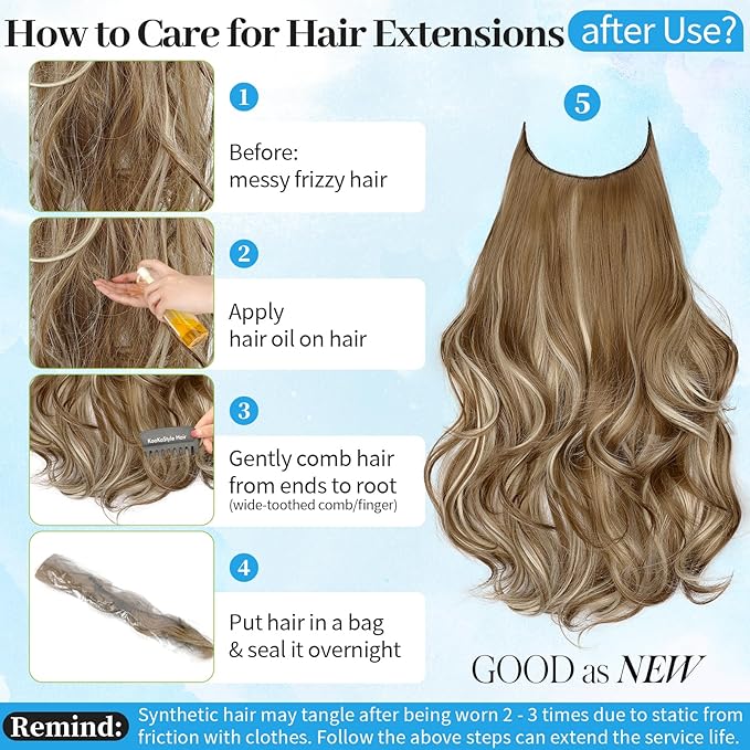 KooKaStyle Invisible Wire Hair Extensions with Transparent Wire Adjustable Size 6 Secure Clips Long Wavy Layered Synthetic Hair Extensions P12A/24#Ash Medium Brown Mix Bleach Blonde 20 Inch