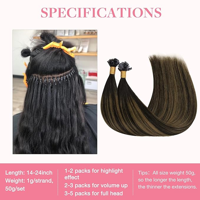 GOO GOO U Tip Hair Extensions - Real Human Hair, 16in 50g 50S, Hot Fusion, Invisible Remy, 1B/6/1B Balayage Natural Black to Chestnut Brown