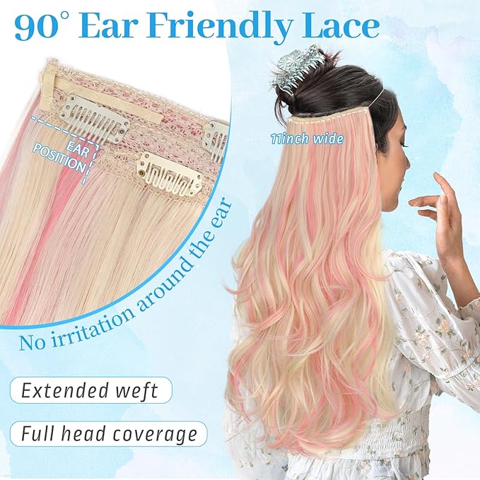 KooKaStyle Invisible Wire Hair Extensions 20"Long Wavy Layered Synthetic Clip in with Transparent Wire Adjustable Size 6 Secure Clips Blonde with Pink Highlights Thick Hairpieces for Women 20 Inch