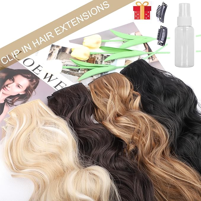 4pcs Highlights Clip in Synthetic Hair Extension for Women Dark Ash Blonde Mixed Bleach Blonde Long Wavy Natural Hairpieces 20 Inch Double Weft Hairpieces Full Head For Women (20INCH, P86/613)