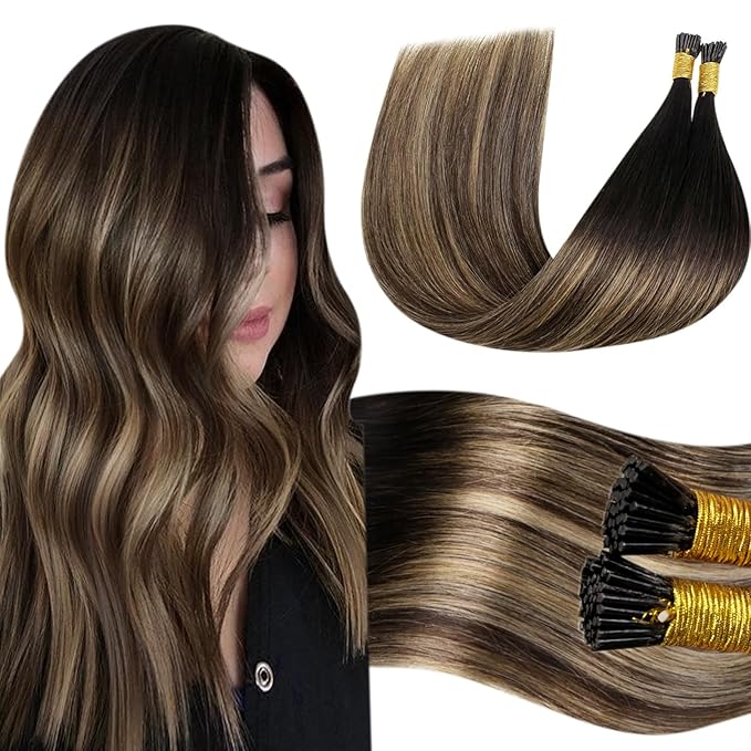LaaVoo I Tip Hair Extensions Human Hair Itip Human Hair Extensions Silky Straight Balayage Natural Black to Medium Brown Ombre Caramel Brown 16 Inch 50g 60s