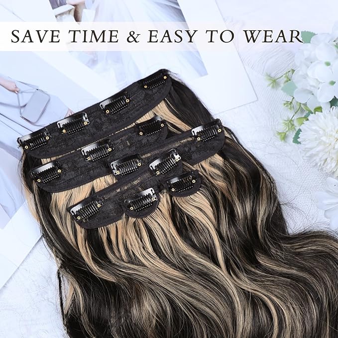NAYOO Clip in Hair Extensions for Women 14 Inch Short Wavy Curly Black Mix Blonde Hairpieces Full Head Synthetic Hair Hairpieces (6PCS, Black Mix Blonde)