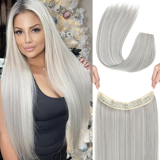 REECHO Invisible Wire Hair Extensions with Transparent Headband Adjustable Size Removable Secure Clips in Straight Secret Hairpiece for Women (20 Inch (Pack of 1), Grey/Brown/Silver/White Mixed)