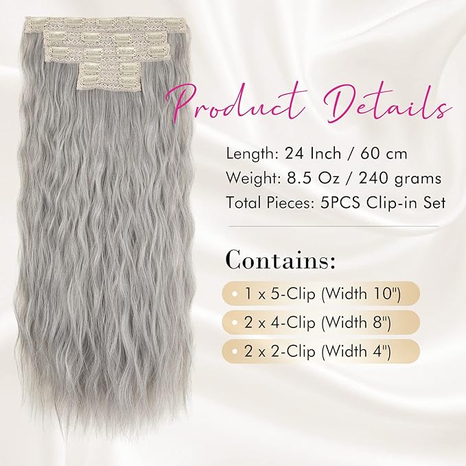 Clip in Hair Extensions, REECHO 5PCS Silver Grey Hair Extensions 24" Thick Long Loose Waves hair extensions HE002 Invisible Lace Weft Natural Soft Hairpieces for Women – Silver Grey