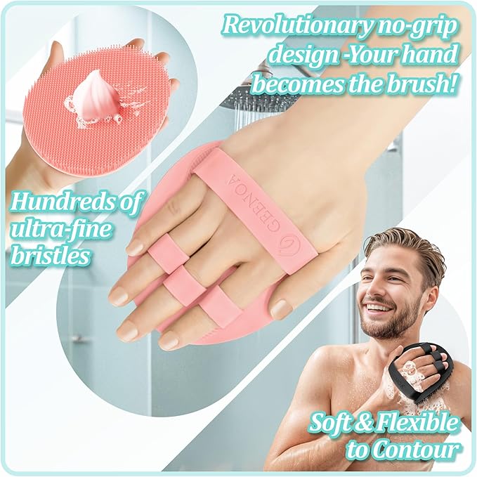 Silicone Bath Gloves 2PCS, 360° Anti-Slip Silicone Body Scrubber for Rich Foaming Deep Cleaning, Revolutionary No-Grip & Hand-fit Design Shower Scrubber for All Skin Types.(Black+Light Pink)