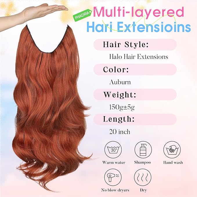 Invisible Wire Hair Extensions Layered Long Wavy Hairpiece for Women Transparent Wire Adjustable Size 6 Secure Clips Invisible Headband Hair Extension Auburn Color 20 Inch