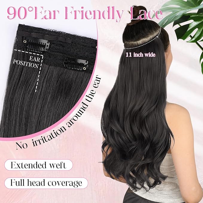 Invisible Wire Hair Extensions Layered Long Wavy Natural Black Hairpiece for Women Transparent Wire Adjustable Size 6 Secure Clips Invisible Headband Hair Extension 20 Inch