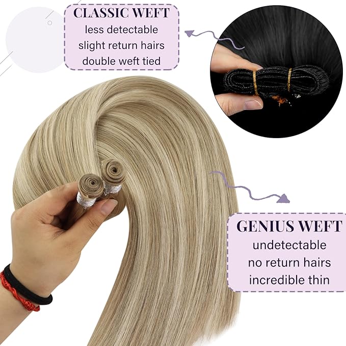 Fshine Genius Weft Highlight Human Hair Genius Weft Ash Blonde and Golden Blonde Sew in 22 Inch 60g Real Human Hair Extensions for Women