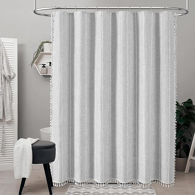 BTTN 80 Inch Long Shower Curtain - 72x80 Boho Chic Farmhouse Linen Thick Striped Fabric Shower Curtain Set with Plastic Hooks, Tall Rustic Country Luxury Cloth Shower Curtains for Bathroom - Grey