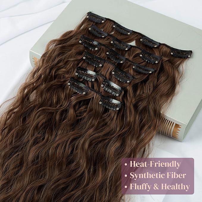 LONAI Clip In Hair Extensions, 6PCS Curly 24" Long Synthetic Clip On Hairpiece For Women-Dark Brown with Copper Highlights