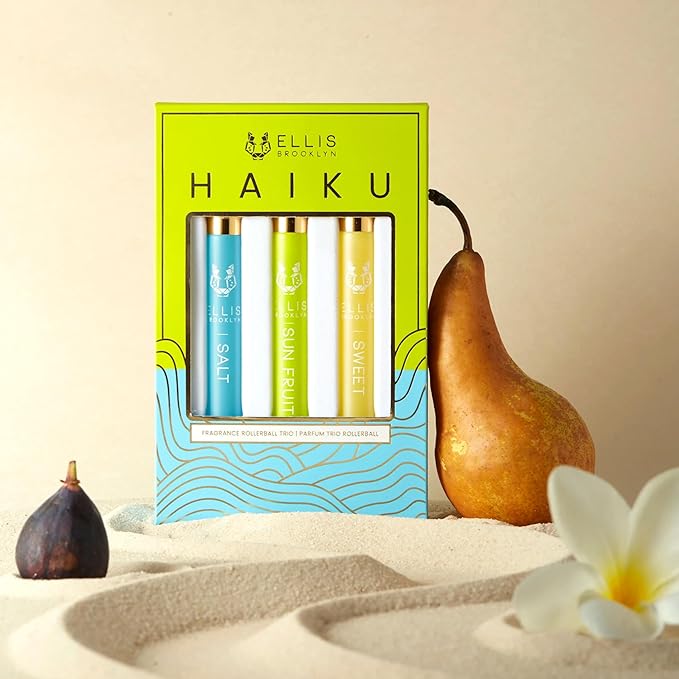 Ellis Brooklyn HAIKU Fragrance Trio - Clean Perfume, SALT, SWEET, & SUN FRUIT Rollerball Perfume for Women, Travel Size Perfume Gift Sets for Women