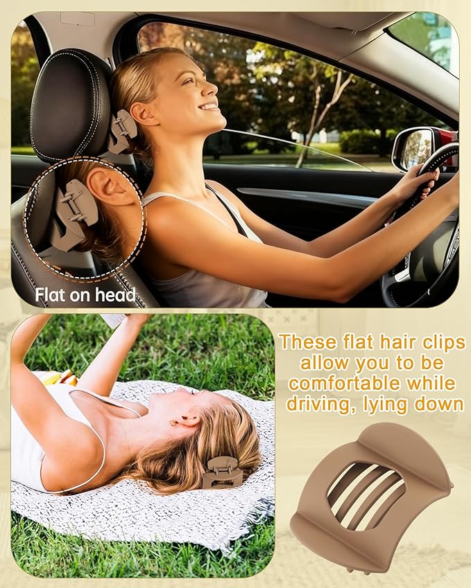 6 PCS French Flat Hair Clips for Women 2 Styles Large Matte Flat Claw Clips Strong Hold No-Slip Duckbill Hair Barrettes for Lying Down, Driving,Yoga(Black)