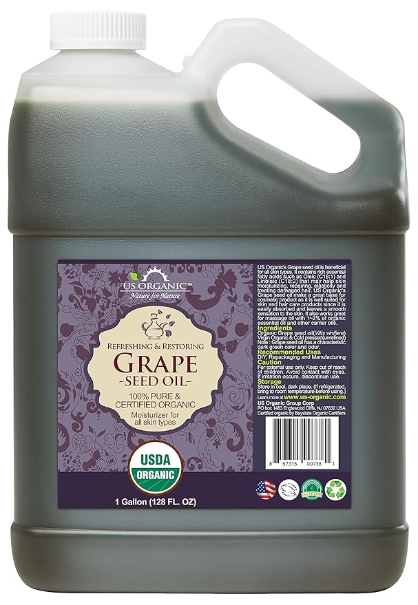 US Organic Grape Seed Oil, USDA Certified Organic, 100% Pure & Natural, Cold Pressed Virgin, Unrefined, Size for DIY and small manufacturers (128 oz (1 Gallon))