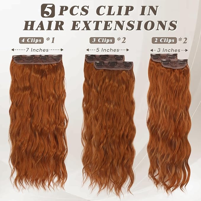 BARSDAR Ginger Copper Clip in Hair Extensions - 20 Inch 5PCs Full Head Wavy Clip in Hair Extensions for Women - Voluminous Thick Soft Synthetic Hairpieces Daily Party Halloween- Ginger Copper