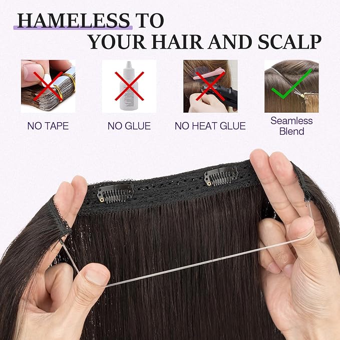 Halo Hair Extensions Real Human Hair,Halo Hair Extension 100% Human Hair,Wire Hair Extensions,Thicker 1B Natural Black 14inch/70g