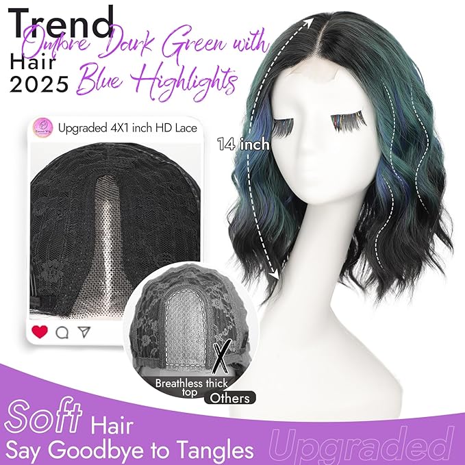Ombre Dark Green with Blue Highlights Short Wavy Wig for Women Lace Hairline Bob Style Synthetic Heat Resistant - Natural Appearance for Everyday Hairstyle 14 Inch