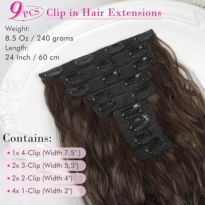 Hair Extensions, REECHO 9PCS Clip in Hair Extensions 24" Thick Long Mini Mermaid Wave Luxurious Lightweight Japanese Technology HYOUITSU Fiber Invisible Soft Lace Weft - HE009 Dark Chocolate Brown