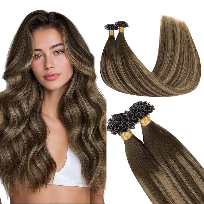 GOO GOO U Tip Hair Extensions Real Human Hair, 22in 50g 50S, Hot Fusion, Invisible Remy Hair Extensions, 4/27/4 Balayage Chocolate Brown to Caramel Blonde