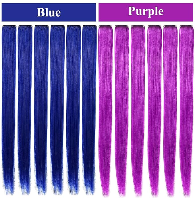 Rhyme Purple Blue Wig Hairpieces 21 inch Colored Hair Extension Clip in/on for Amercian Girls and Women Princess Party Highlight Wig Pieces for Girls 12 PCS (Purple Blue)