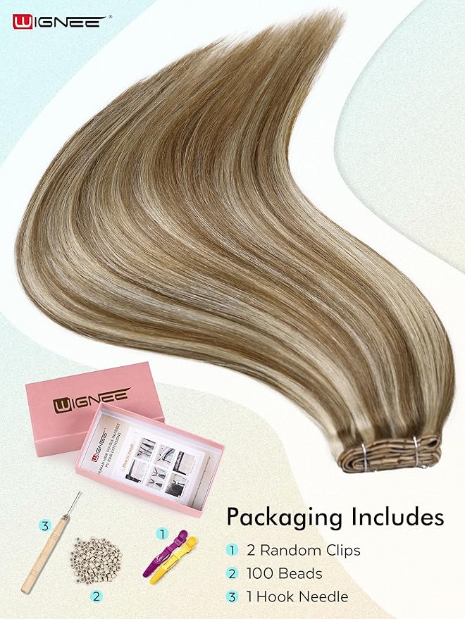 WIGNEE 100% Remy Double Weft Invisible PU OVO Human Hair Extensions 14 Inch Micro Beads Real Human Hair Extensions Blonde Ombre Wefts Hair Extensions Real Human Hair(9A/60)