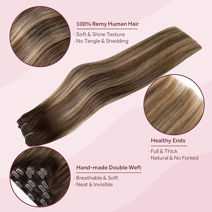 Clip in Hair Extensions Real Human Hair, Invisible Clip In Hair Extensions 100% Human Hair, Balayage Chocolate Brown to Caramel Blonde #4TP27/4 24Inch 120G 7PCS