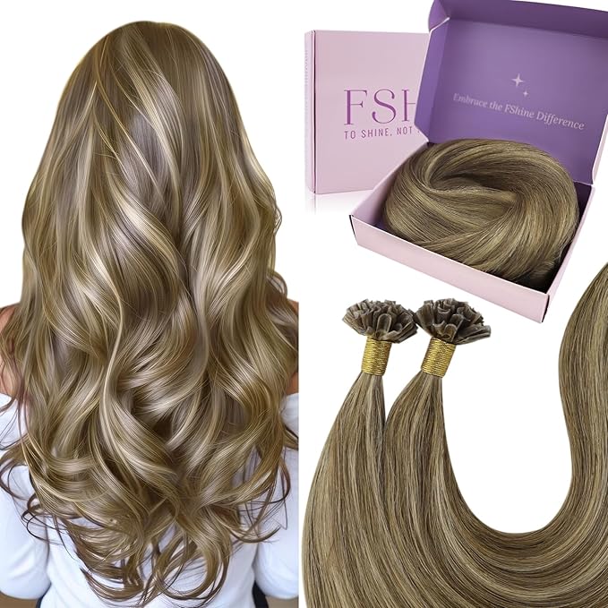 Fshine K Tips Hair Extensions Human Hair Color 4 Highlighted 27 Brown and Honey Blonde Hair Extensions Tips Pre Bonded Hair Extension U Tip Hair Extensions for Women 20 Inch 1g/Strand 50g/Pack