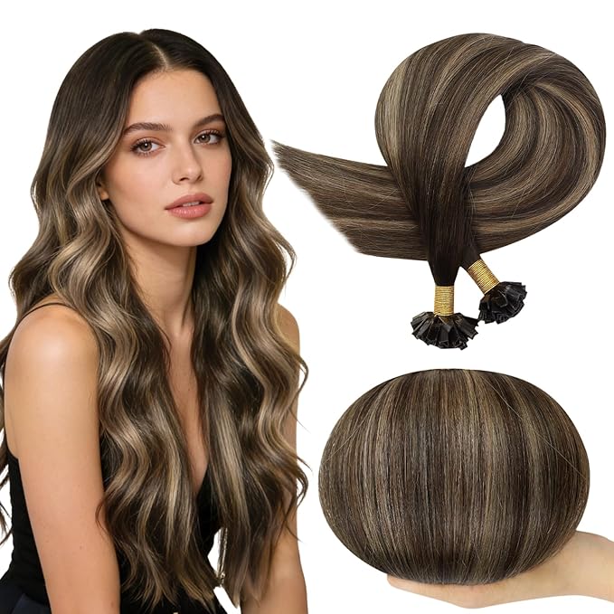 Full Shine K Tip Hair Extensions Real Human Hair 16 Inch 50 Grams Dark Brown Mixed Ash Brown Fusion Hair Extensions Human Hair Straight Natural Remy Hair for Women