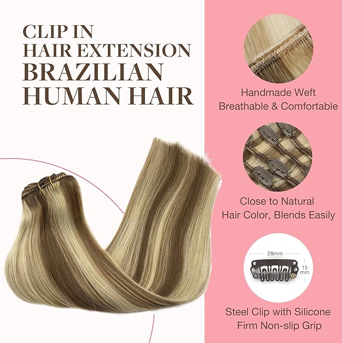 GOO GOO Clip in Hair Extensions Real Human Hair, Remy Human Hair Extensions Clip ins for Women, Natural Human Hair, 26 Inch 180g 7Pcs, 8A/22 Medium Brown Highlighted Golden Blonde