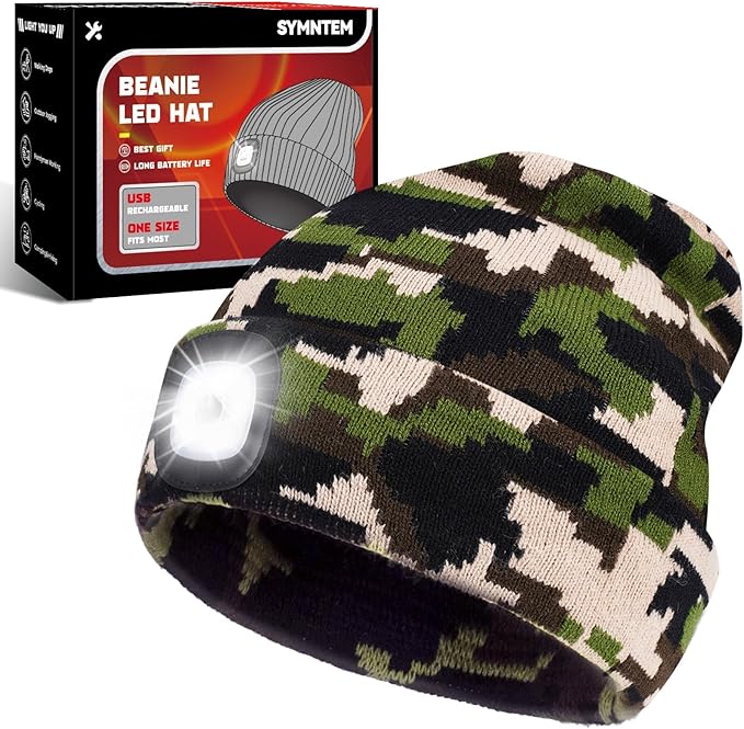 Unisex Beanie Hat with Light, Rechargeable Headlight Cap, Stocking Stuffers for Men, Cool Gadget Gifts for Him, Birthday Gifts for Women, Gifts for Him, Camouflage